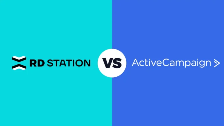 Infográfico comparativo entre as interfaces de automação do RD Station e ActiveCampaign destacando eficiência e ROI.