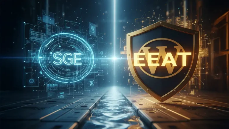 Representação visual da IA do Google SGE versus o escudo de autoridade EEAT para sites WordPress